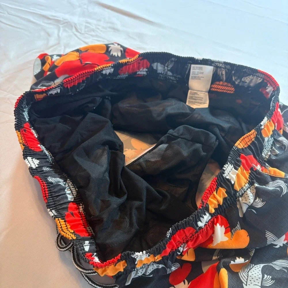 Speedo Swim Trunks Men XXL Black Koi Fish Lily Pad Print Mesh Lined Board Shorts